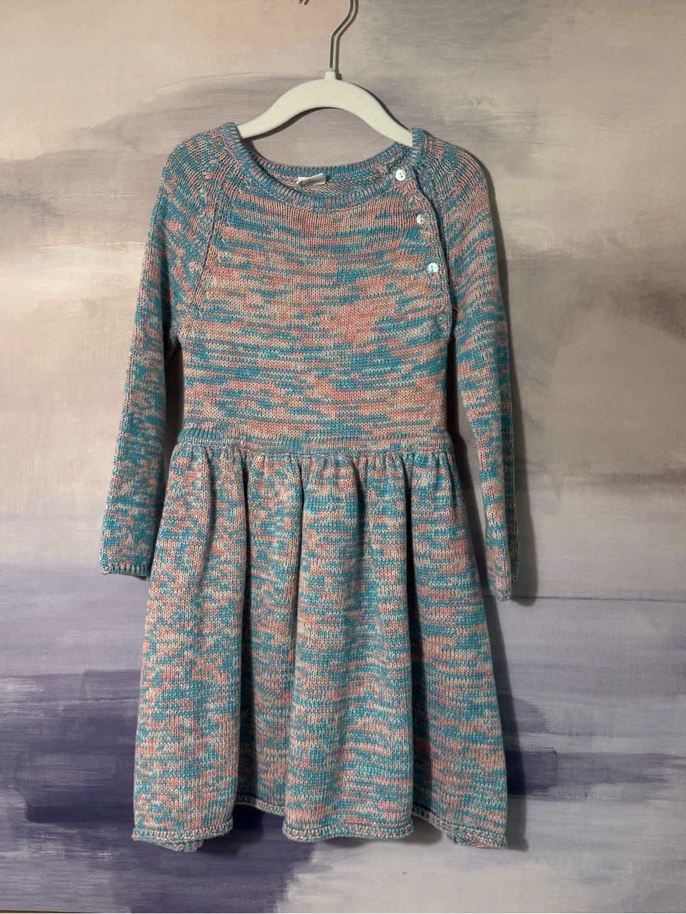 Girls' Knit Woven Long Sleeve Dress in Blue & Pink